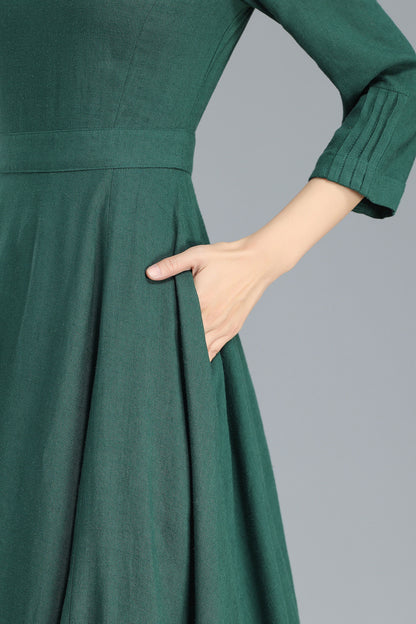 Green Linen Blend Maxi Dress - Pleated Flared Hem 3253