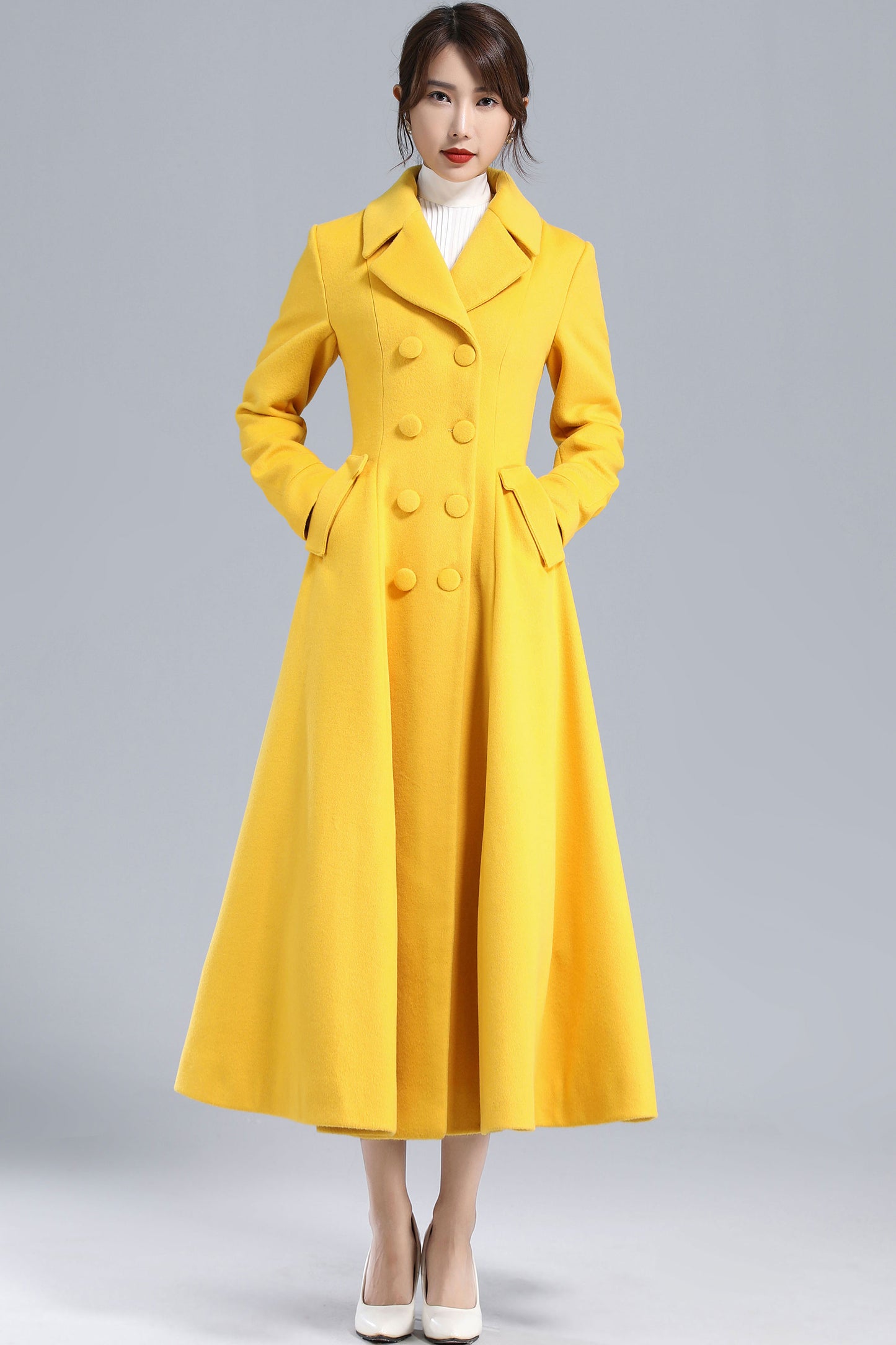 Yellow Winter Long Wool Coat Women 3234