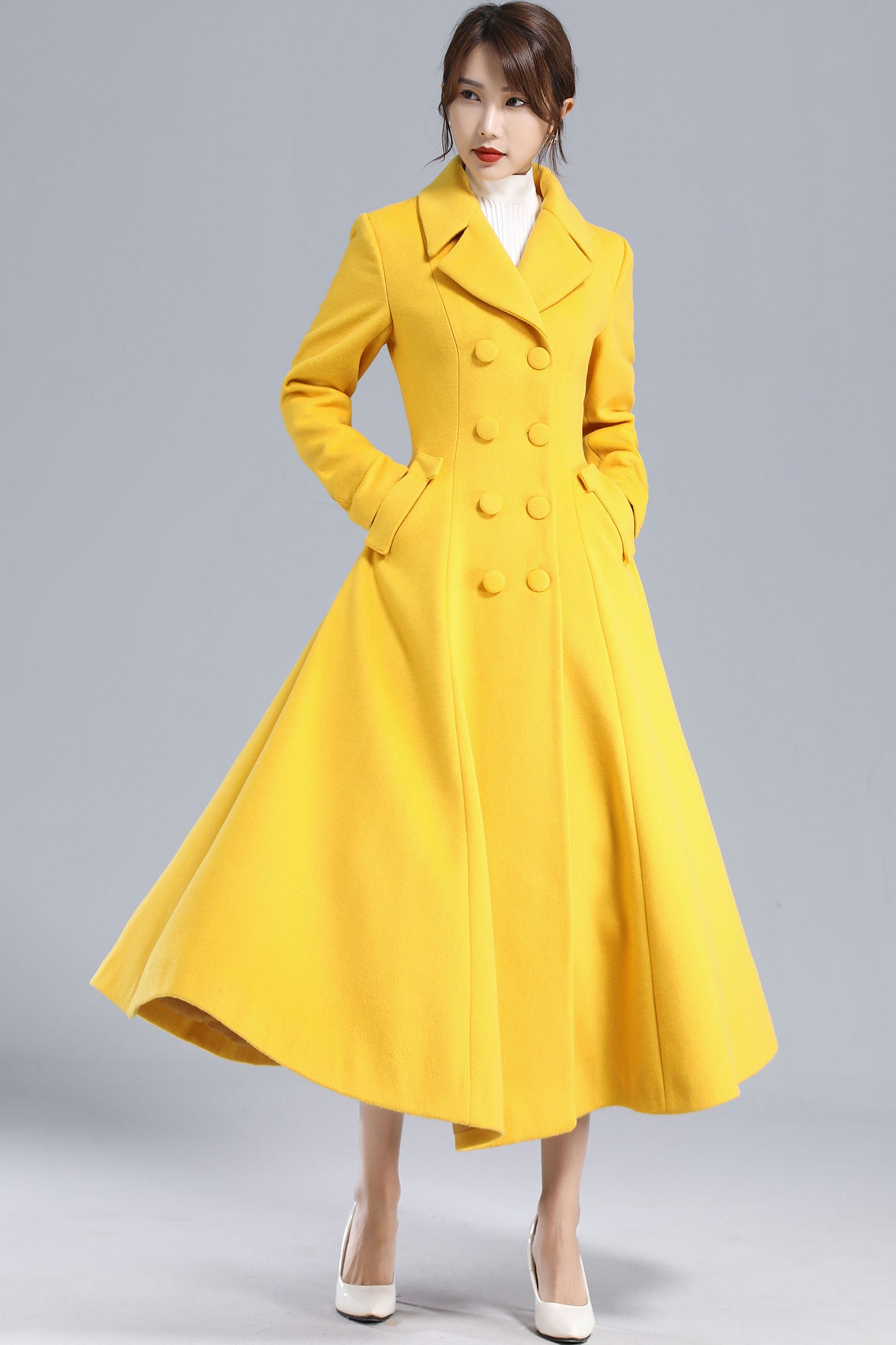 Yellow Winter Long Wool Coat Women 3234