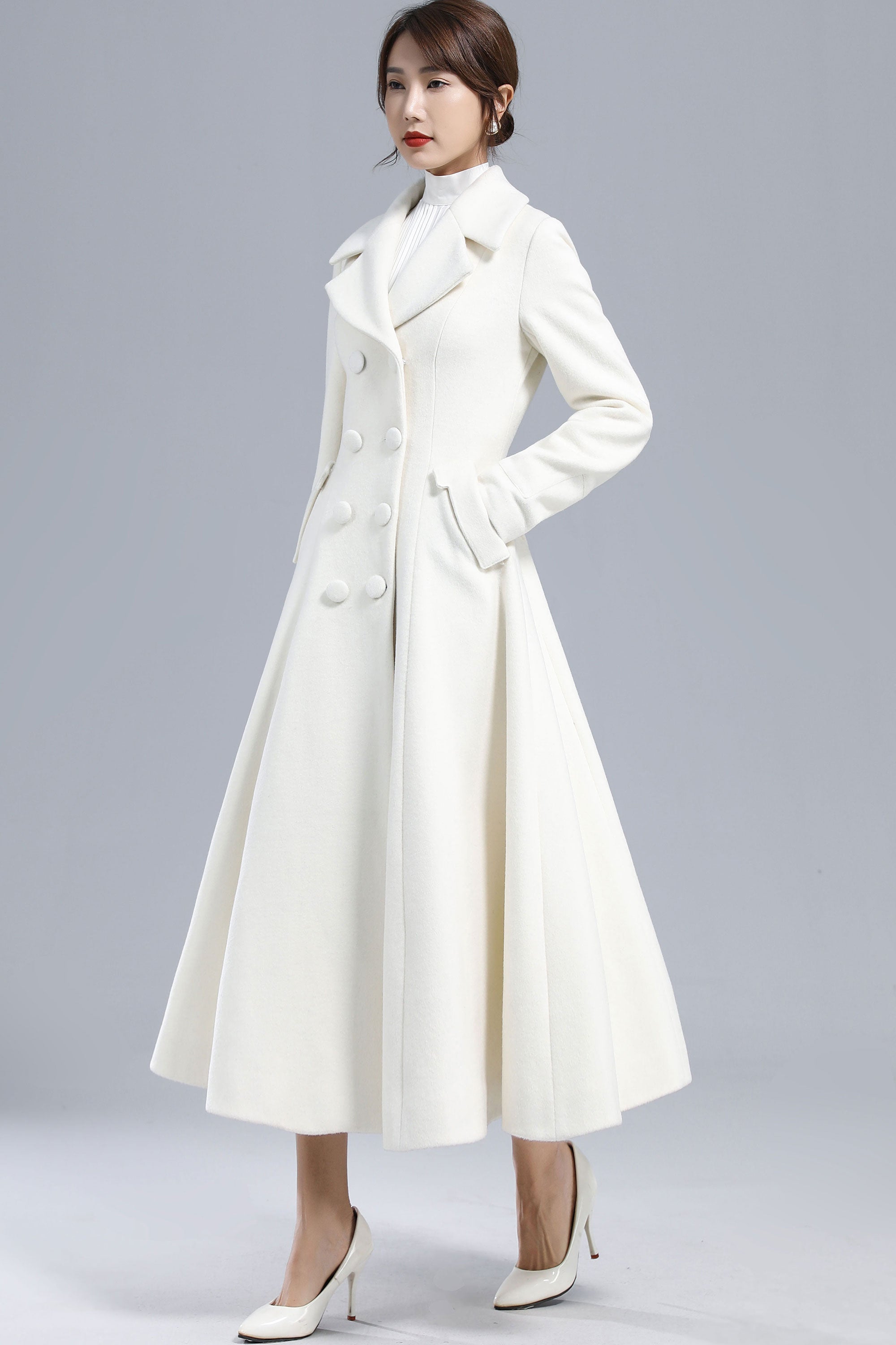 White Double Breasted Long Wool Coat 3235