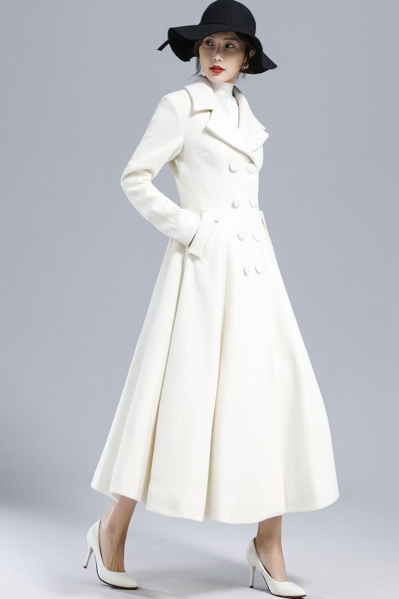 Women White Long Wool Coat 3235#