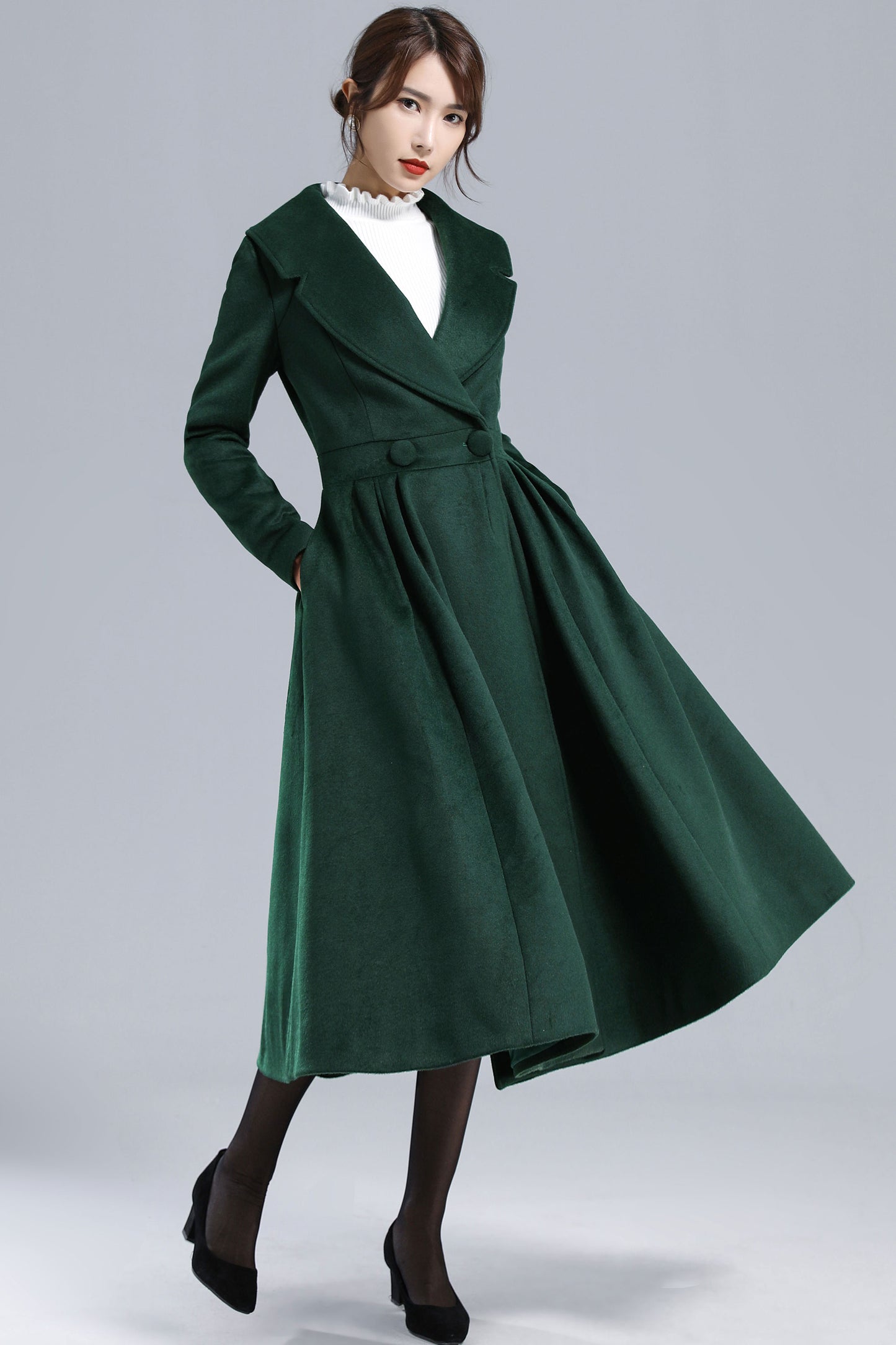 Dark Green Fit and Flare Wool Coat 3242