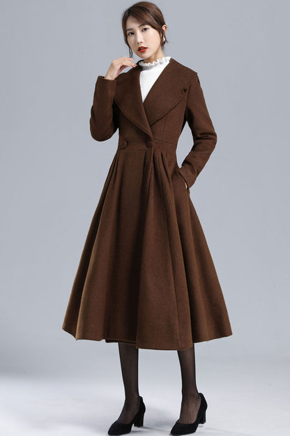 Vintage Princess Wool Coat – Handmade Brown Pleated Long Overcoat | Xiaolizi 3241