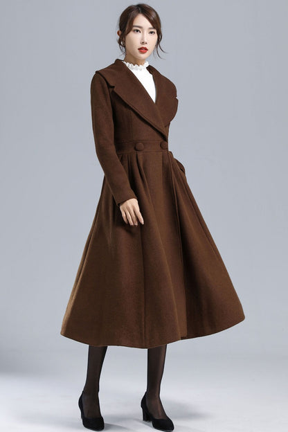 Vintage Princess Wool Coat – Handmade Brown Pleated Long Overcoat | Xiaolizi 3241