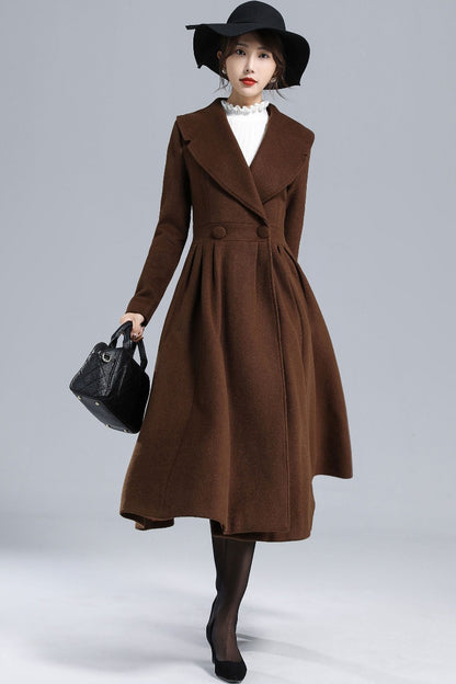Vintage Princess Wool Coat – Handmade Brown Pleated Long Overcoat | Xiaolizi 3241