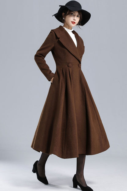 Vintage Princess Wool Coat – Handmade Brown Pleated Long Overcoat | Xiaolizi 3241