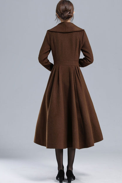 Vintage Princess Wool Coat – Handmade Brown Pleated Long Overcoat | Xiaolizi 3241