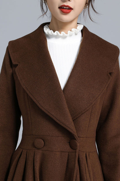 Vintage Princess Wool Coat – Handmade Brown Pleated Long Overcoat | Xiaolizi 3241