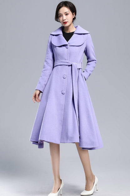 Xiaolizi Purple Wool Coat for Women – Handmade Vintage Fit-and-Flare Winter Overcoat with Double-Folded Lapel Collar 3162