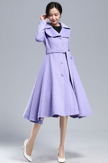 Xiaolizi Purple Wool Coat for Women – Handmade Vintage Fit-and-Flare Winter Overcoat with Double-Folded Lapel Collar 3162