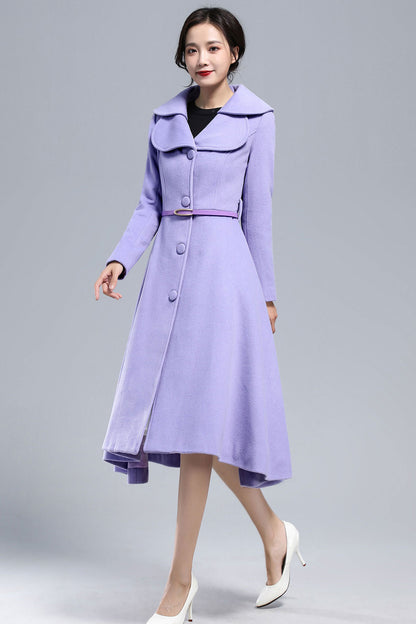 Xiaolizi Purple Wool Coat for Women – Handmade Vintage Fit-and-Flare Winter Overcoat with Double-Folded Lapel Collar 3162