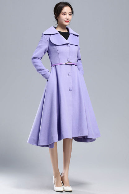 Xiaolizi Purple Wool Coat for Women – Handmade Vintage Fit-and-Flare Winter Overcoat with Double-Folded Lapel Collar 3162