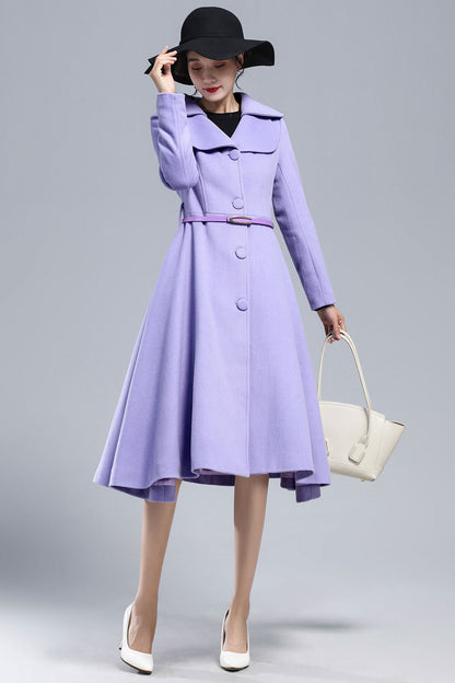 Xiaolizi Purple Wool Coat for Women – Handmade Vintage Fit-and-Flare Winter Overcoat with Double-Folded Lapel Collar 3162
