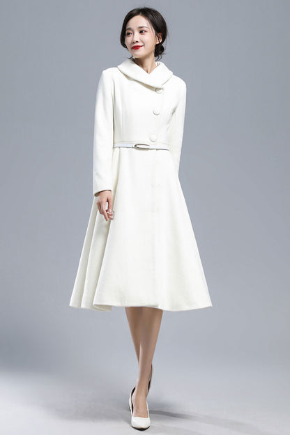 White Wool Blend Coat – Vintage Below Knee Winter Overcoat with Pockets 3163