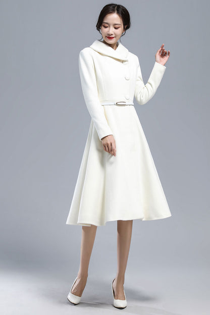 White Wool Blend Coat – Vintage Below Knee Winter Overcoat with Pockets 3163