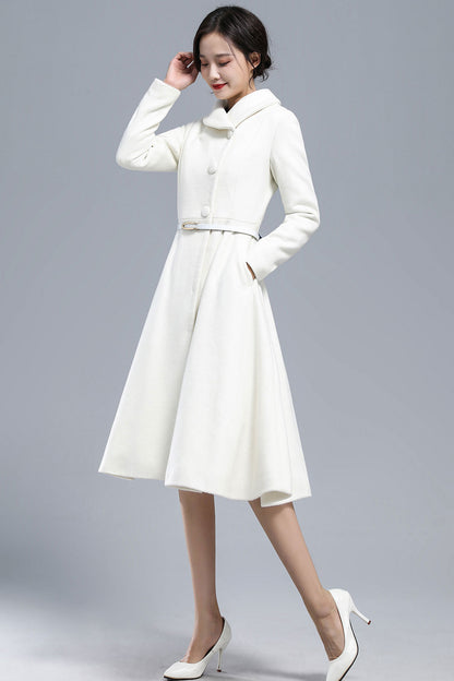 White Wool Blend Coat – Vintage Below Knee Winter Overcoat with Pockets 3163