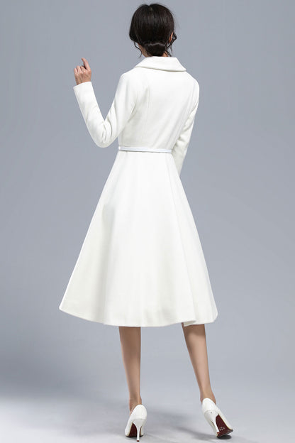 White Wool Blend Coat – Vintage Below Knee Winter Overcoat with Pockets 3163