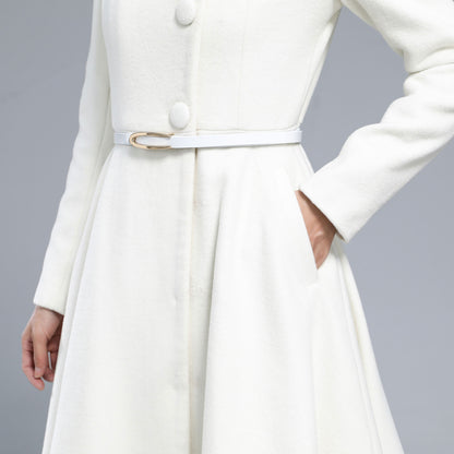 White Wool Blend Coat – Vintage Below Knee Winter Overcoat with Pockets 3163