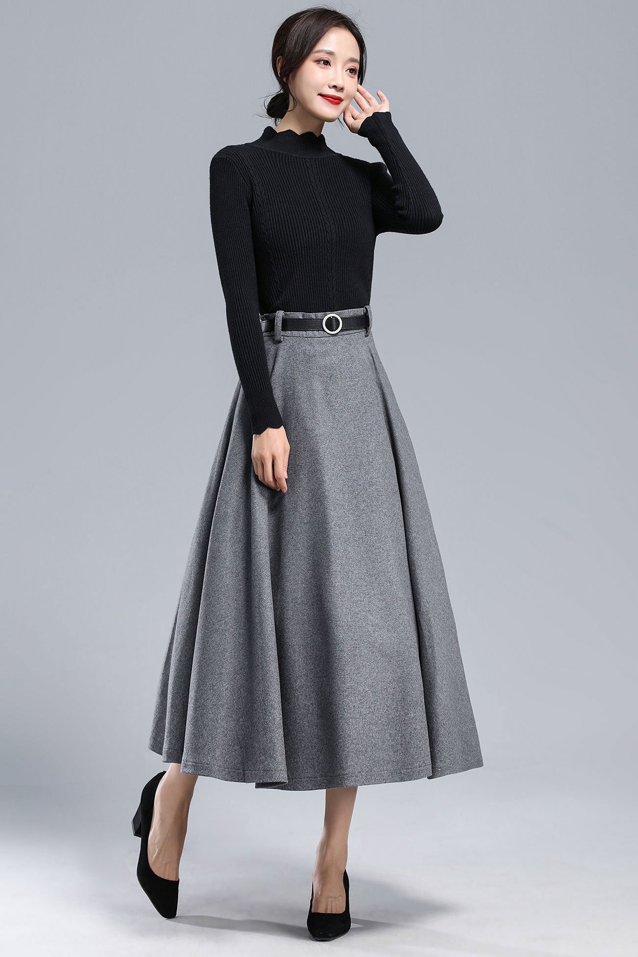 Dark Grey Long Wool Skirt Women 3165