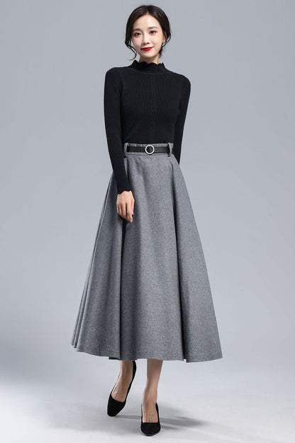 Dark Grey Long Wool Skirt Women 3165