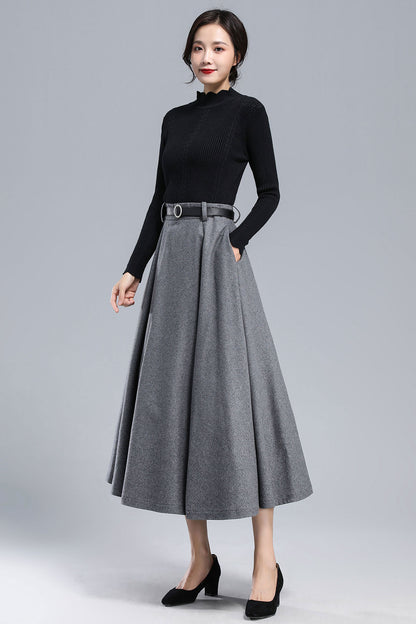 Dark Grey Long Wool Skirt Women 3165