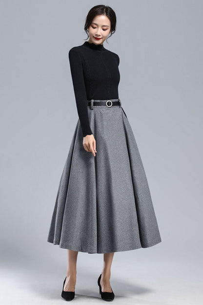 Dark Grey Long Wool Skirt Women 3165