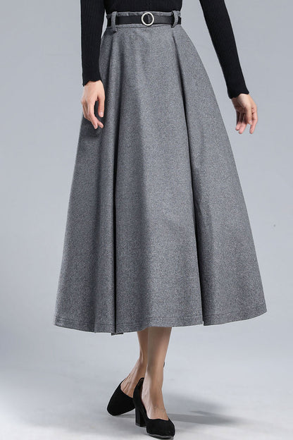 Dark Grey Long Wool Skirt Women 3165