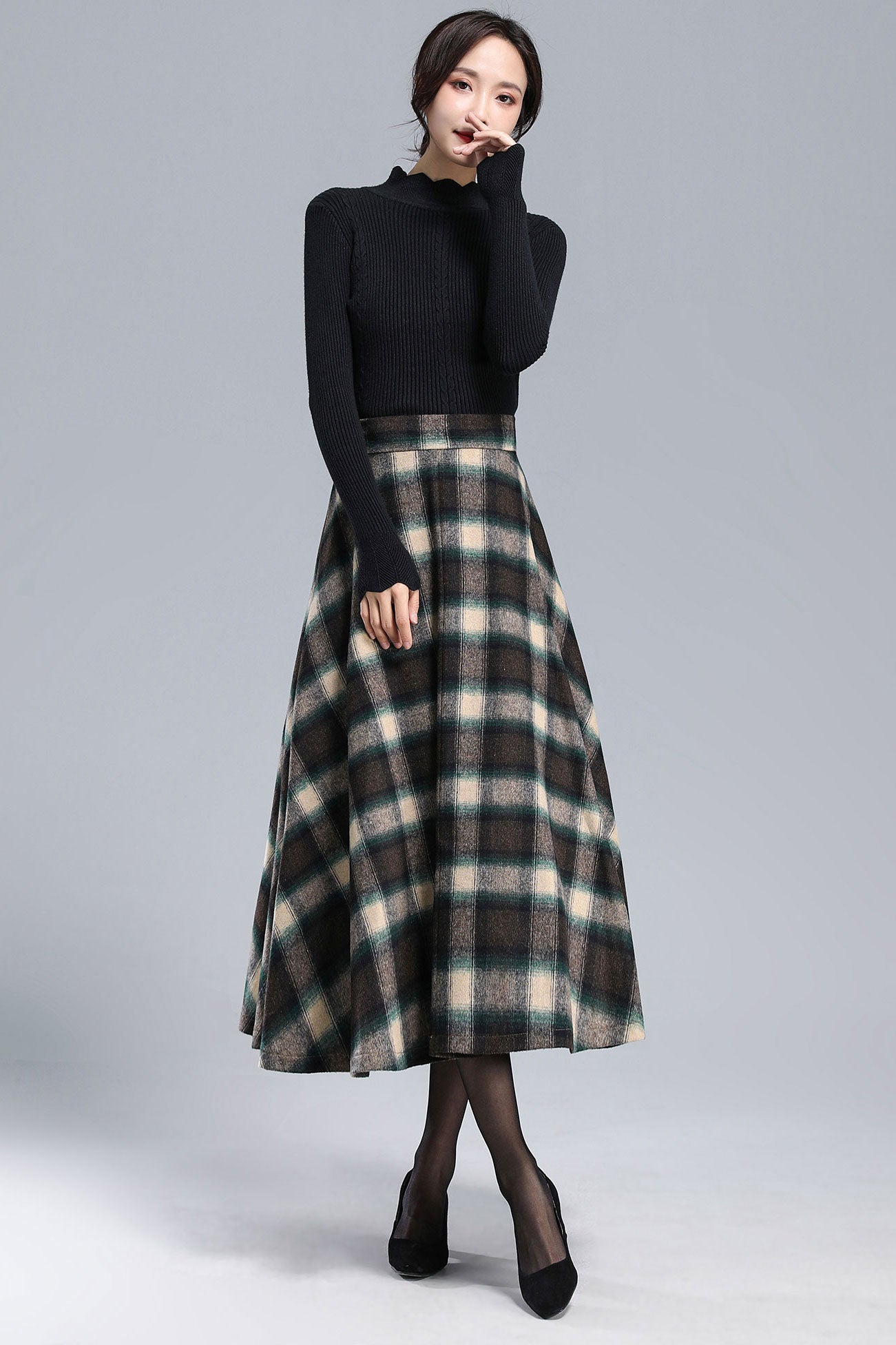 Tartan Plaid Long Wool Skirt Women 3166