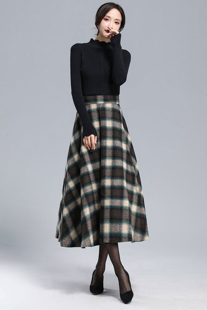 Plaid Wool Midi Skirt - Pleated, Full Silhouette 3166