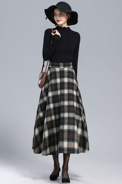 Plaid Wool Midi Skirt - Pleated, Full Silhouette 3166