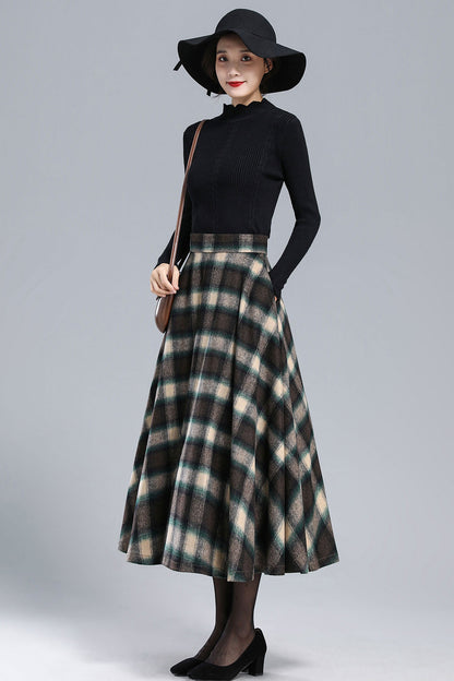 Plaid Wool Midi Skirt - Pleated, Full Silhouette 3166