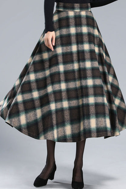 Plaid Wool Midi Skirt - Pleated, Full Silhouette 3166