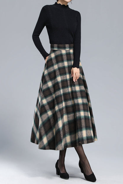 Plaid Wool Midi Skirt - Pleated, Full Silhouette 3166
