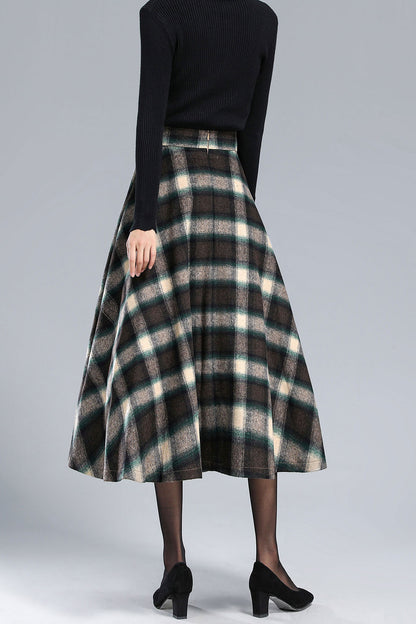 Plaid Wool Midi Skirt - Pleated, Full Silhouette 3166