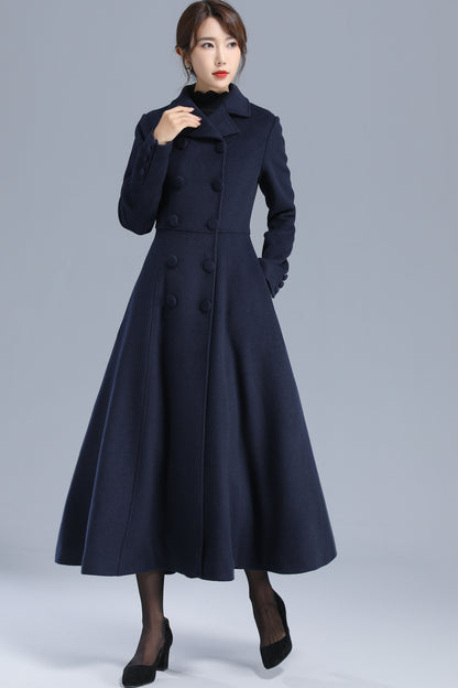 Navy Wool Coat Maxi Winter Overcoat - Elegant Double Breasted Fit-and-Flare 3200