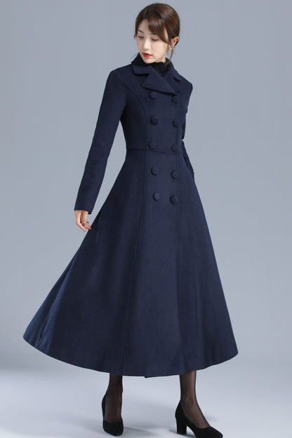 Navy Wool Coat Maxi Winter Overcoat - Elegant Double Breasted Fit-and-Flare 3200