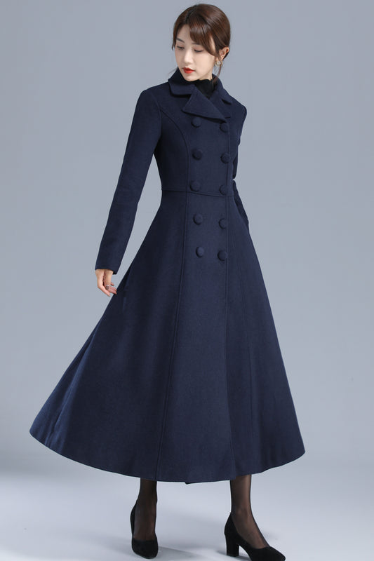 Handmade Navy Blue Wool Coat – Elegant Double Breasted Maxi Winter Overcoat | Xiaolizi 3200