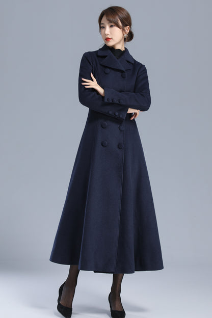 Navy Wool Coat Maxi Winter Overcoat - Elegant Double Breasted Fit-and-Flare 3200