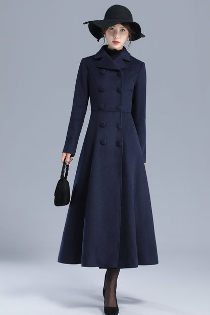 Navy Wool Coat Maxi Winter Overcoat - Elegant Double Breasted Fit-and-Flare 3200