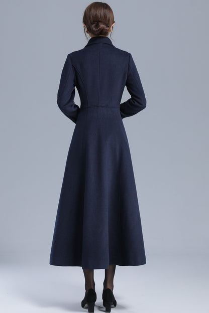 Navy Wool Coat Maxi Winter Overcoat - Elegant Double Breasted Fit-and-Flare 3200