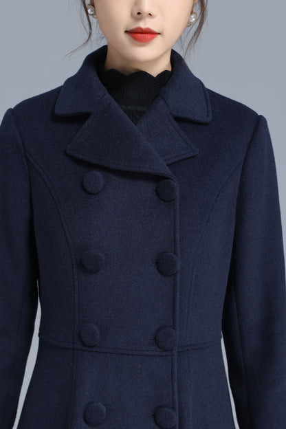 Navy Wool Coat Maxi Winter Overcoat - Elegant Double Breasted Fit-and-Flare 3200