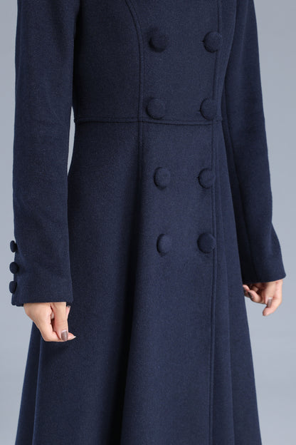 Navy Wool Coat Maxi Winter Overcoat - Elegant Double Breasted Fit-and-Flare 3200