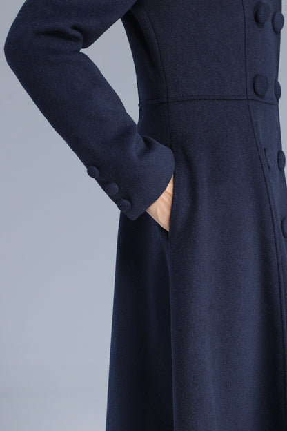 Navy Wool Coat Maxi Winter Overcoat - Elegant Double Breasted Fit-and-Flare 3200