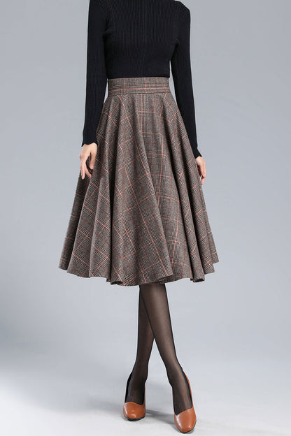 Wool Blend Plaid Skirt – A-Line Pleated Midi Skirt with Back Zipper 3167