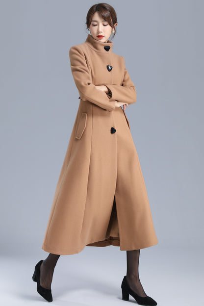 Camel Wool Blend Long Coat - Single Breasted, Stand Collar 3201