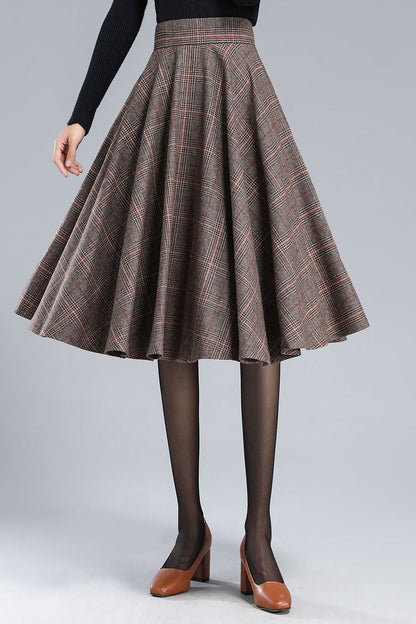 Wool Blend Plaid Skirt – A-Line Pleated Midi Skirt with Back Zipper 3167