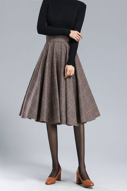 Wool Blend Plaid Skirt – A-Line Pleated Midi Skirt with Back Zipper 3167