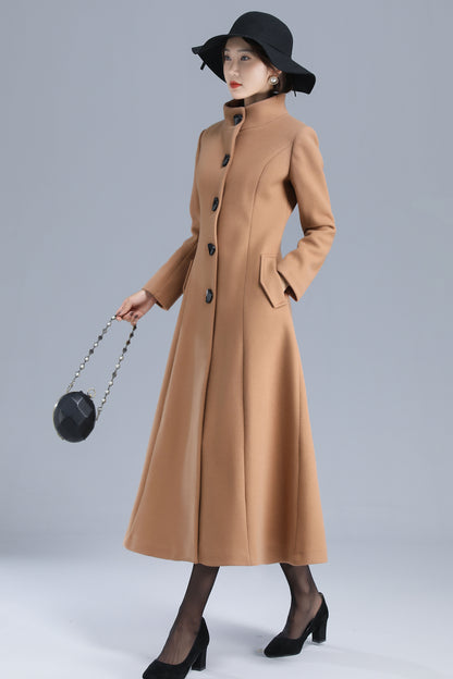 Camel Wool Blend Long Coat - Single Breasted, Stand Collar 3201