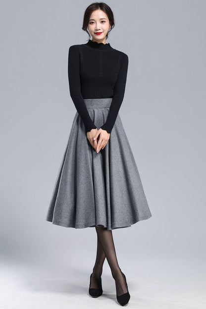 Gray Wool Pleated Midi Skirt - High Waist A-Line Silhouette 3168