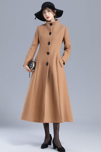 Camel Wool Blend Long Coat - Single Breasted, Stand Collar 3201